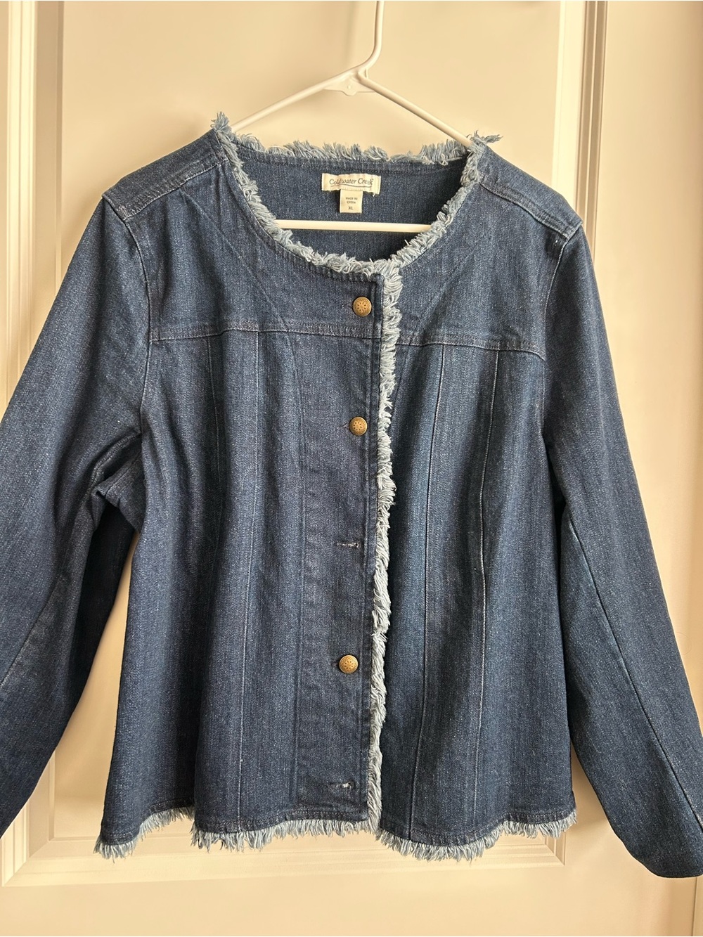 Coldwater Creek Dark Blue Fringe-Trim Denim Jacket. NEW! Arm inseam 16.5 inch